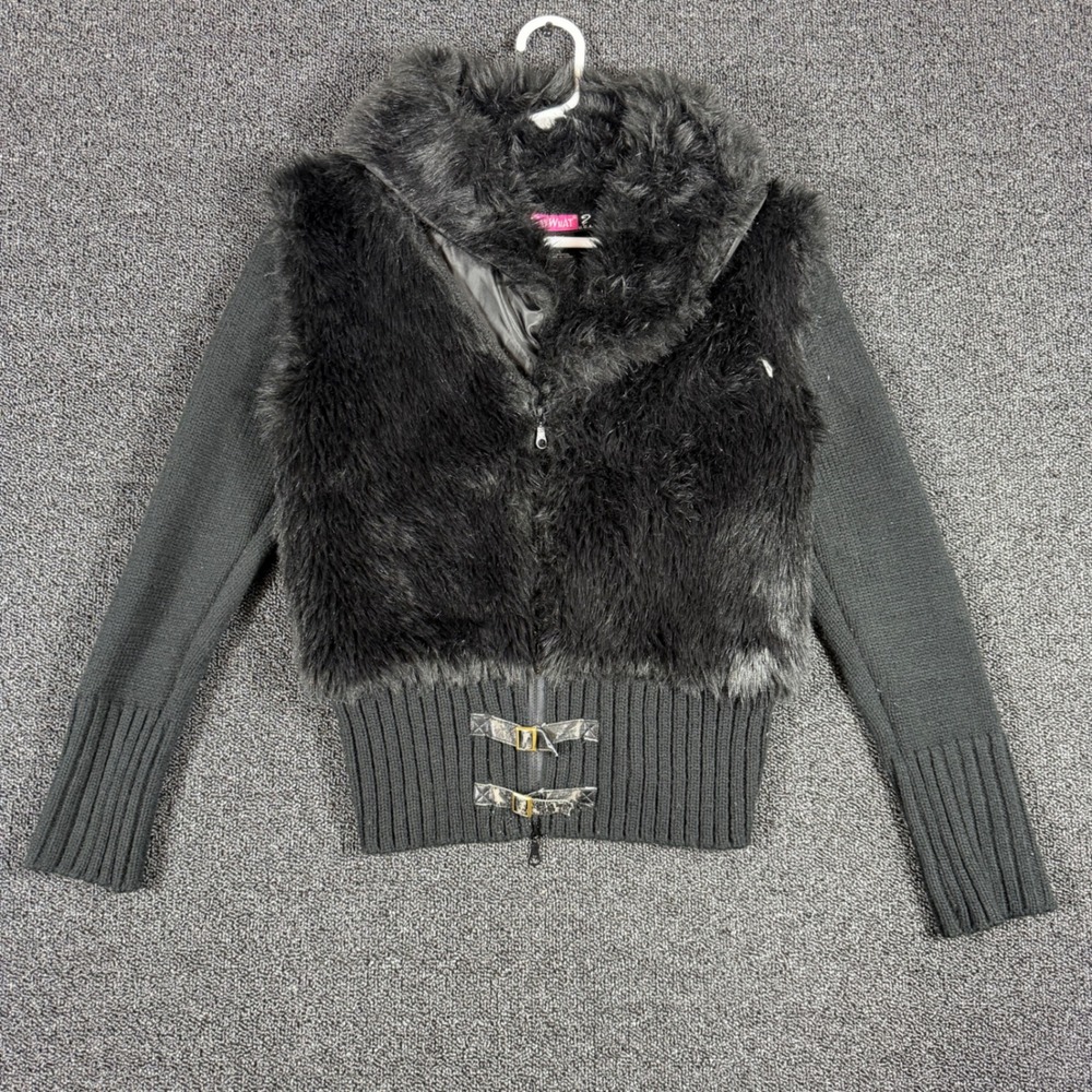 Vintage Say What? Faux Fur Full Zip Jacket Women's L Black Buckle Accents Y2K